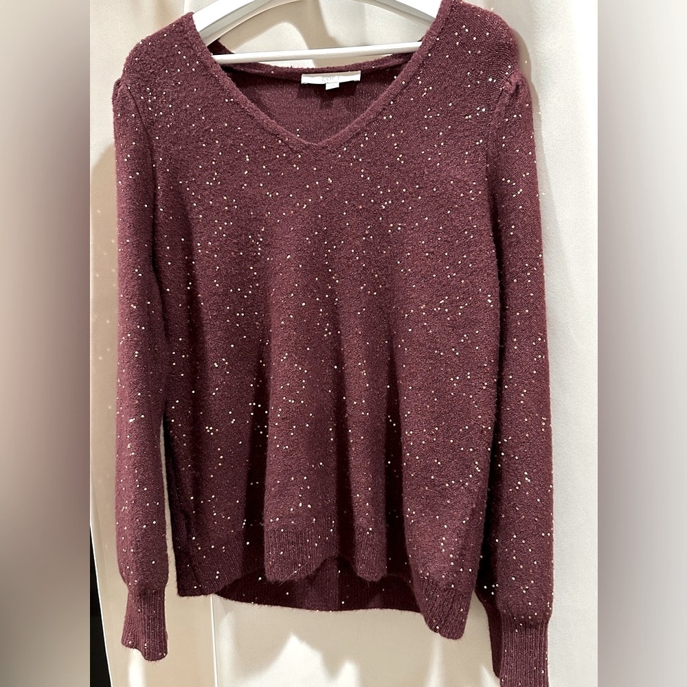 LOFT Burgundy V-neck Sweater with small Gold Sequins. Size Large